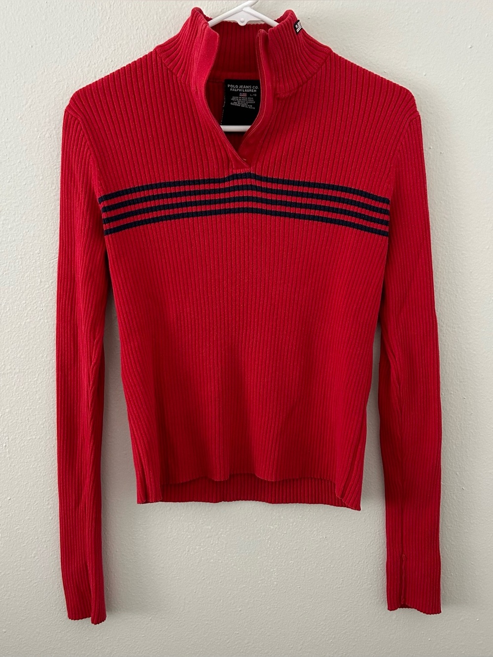 VTG Ralph Lauren Ribbed Sweater L Red Knit 1/4 Zip Pullover Polo Jeans 90s Y2K